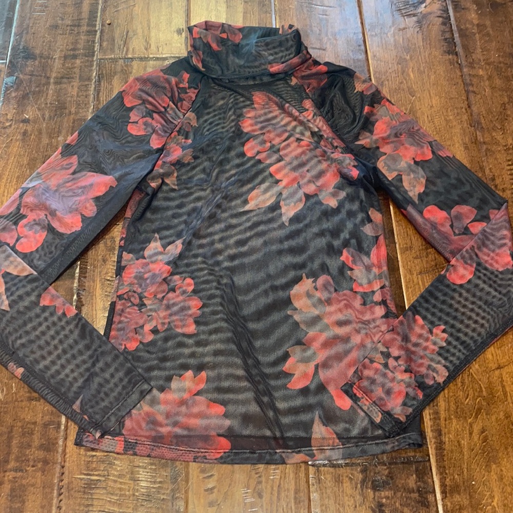 Free People Black Red Floral Sheer Turtleneck Layering Top